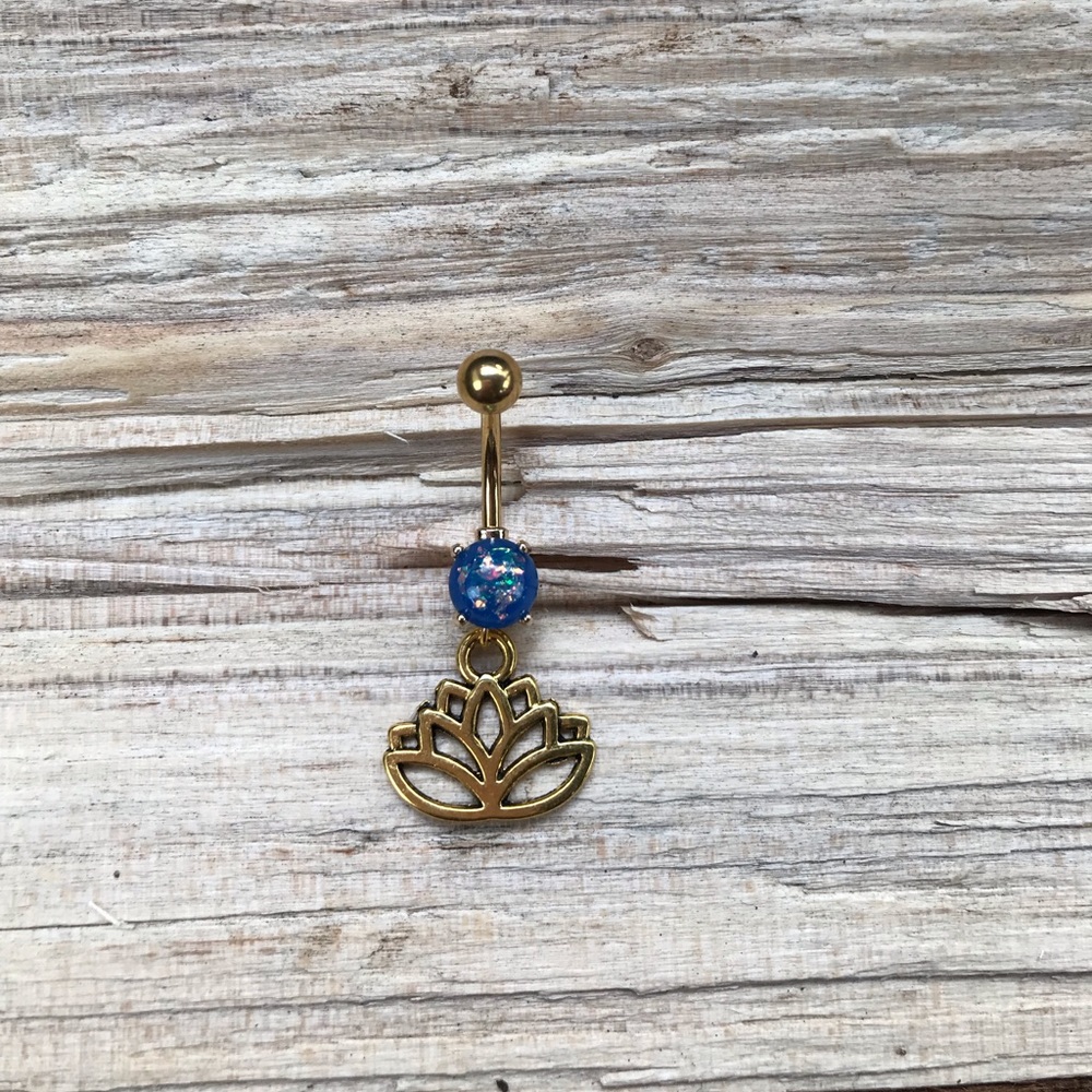 Blue‎ Opal Gold Lotus Belly Button Ring